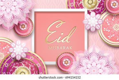 Eid Mubarak saludo, feliz fiesta en el mundo islámico con romántico diseño floral rosa