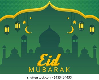 Eid Mubarak greeting, Islamic background with mosque silhouette and decorative elements. Eid Mubarak vector illustration design