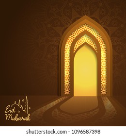 Eid Mubarak greeting Islamic mosque door glow background with arabic pattern