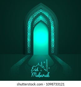 Eid Mubarak greeting Islamic mosque door glow background with arabic pattern