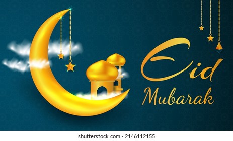 Eid Mubarak greeting with lamp, moon, and mosque beautiful background free vector template