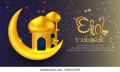 Eid Mubarak greeting with lamp, moon, and mosque beautiful background free vector template