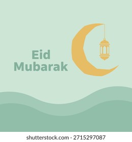 Saludo de Eid Mubarak con luna creciente Grande, linterna colgante y colinas onduladas verdes.