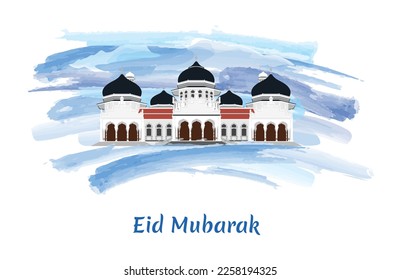 Eid Mubarak Greeting with Masjid Raya Baiturrahman Nanggroe Aceh Darussalam Vector illustration, Isolated on Blue Artistic Watercolor Painting Brush Background. svg