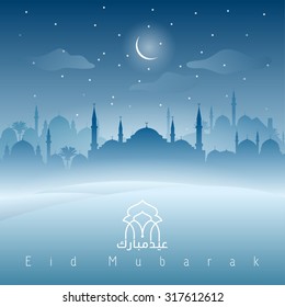 Eid mubarak greeting moonshine mosque silhouette - Translation of text : Eid Mubarak - Blessed festival