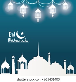 Eid Mubarak greeting with mosque and with beautiful illuminated arabic gloss lamps with hand drawn calligraphy