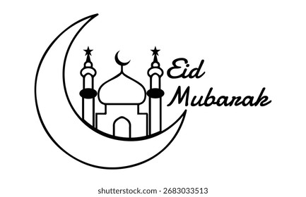 Saludo de Eid Mubarak con mezquita y luna creciente en estilo de arte de línea delgada para el festival islámico