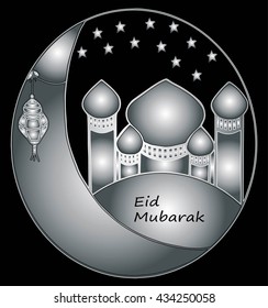 Eid Mubarak greeting with mosque, moon and lanterns. isolated islam color flat vector illustration, hand drawing