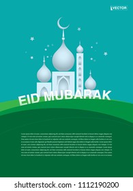 Eid mubarak greeting with mosque, typography and stars on green background.
