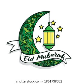 Eid Mubarak Gruß auf einem Halbmond mit Lattern und Sternen, Islam Heiliger Tag