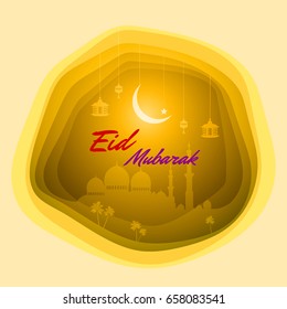 Eid Mubarak greeting on paper cutting background with beautiful illuminated arabic symbols and hand drawn calligraphy lettering. Vector illustration.