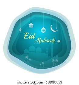 Eid Mubarak greeting on paper cutting background with beautiful illuminated arabic symbols and hand drawn calligraphy lettering. Vector illustration.