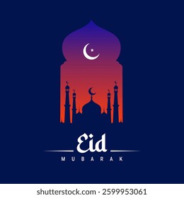 Eid mubarak greeting poster with mosque silhouette