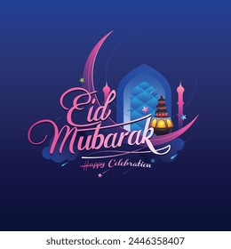 Eid Mubarak greeting poster of typography style design with Islamic theme light and  Crescent Moon 