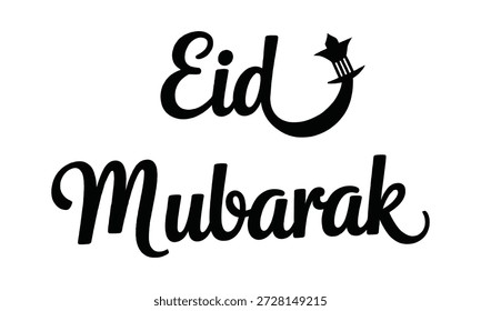 Texto de saudação de Eid Mubarak com lua crescente e símbolo de estrela