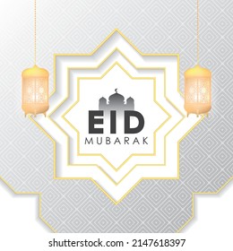 Eid Mubarak Greeting Vector Design. Mosque, Lantern and White Geometric with Gold Line Background Illustration