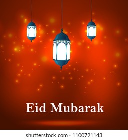 Eid Mubarak Greetings with arabic lanterns in a glowing background