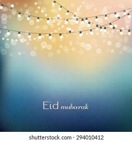 Eid Mubarak Greetings Background. Blue Night Background With Shiny Lights. Vector Illlustration