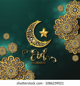 Eid mubarak greetings background Islamic with gold patterned and crystals on paper color background.
