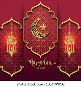 Eid mubarak greetings background Islamic with gold patterned and crystals on paper color background.