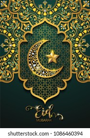 
Eid mubarak greetings background Islamic with gold patterned and crystals on paper color background.