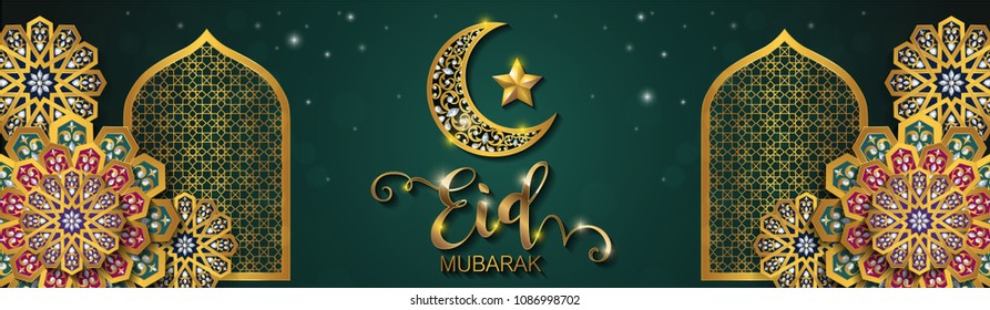 Eid mubarak greetings background Islamic with gold patterned and crystals on paper color background. 
