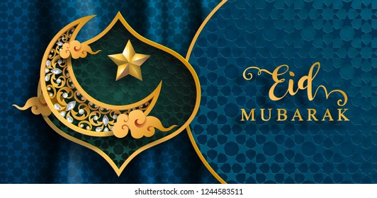 Eid mubarak greetings background Islamic with gold patterned and crystals on paper color background.