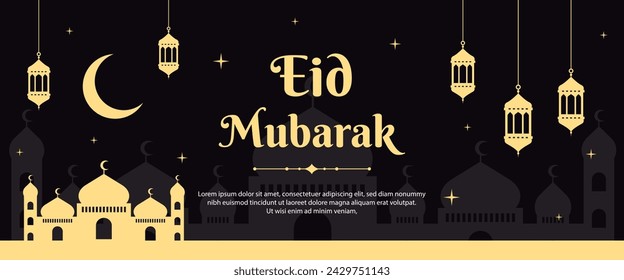 Eid Mubarak greetings banner background. Mosque, and lantern illustrations. Islamic design for web banners, business, and header