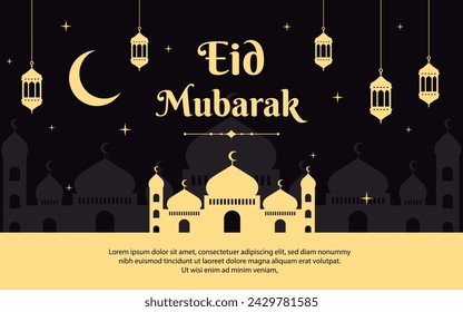 Eid Mubarak greetings banner background. Mosque, and lantern illustrations. Islamic design for websites, pages, banners, business, and others