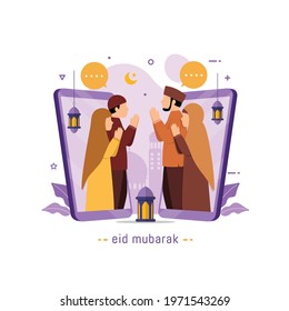Eid Mubarak greetings and celebrate Muslims people communicates through mobile applications or video call vector illustration
