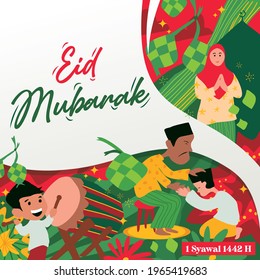 eid mubarak greetings with complex illustrations in green, red, and yellow