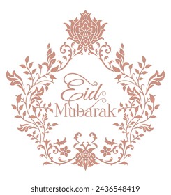 Saludos 'Eid Mubarak' en escritura inglesa y marco floral decorativo