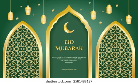Eid Mubarak greetings with golden patterned frame, lamps and stars on green background. Vector illustration eid greetings in for banner and social media.