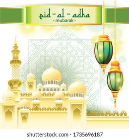 Eid Mubarak Greetings with green Background and Mosque