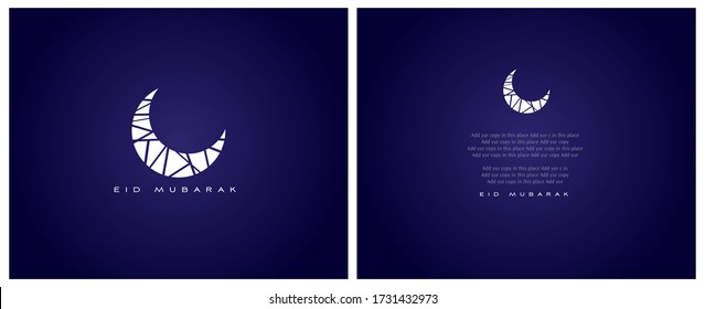 Eid Mubarak greetings with hollow engraving moon on blue background. Ramadan Kareem islamic artwork.