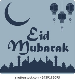 Eid Mubarak (Eid greetings) illustrations with mosque, moon and Lantern.Holy Day Islamic People. Suitable for poster, banner,greeting card and campaign.
