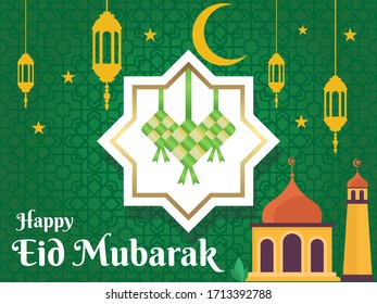 eid mubarak greetings with ketupat illustration. ramadan kareem