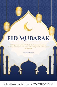 Eid Mubarak greetings with mosque, golden lantern and moon on blue background. Vector illustration eid al-fitr for greeting card, poster and banner.