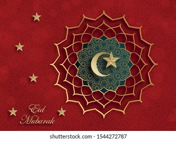 Eid Mubarak greetings on Islamic background with gold pattern on color background (transaltion : Eid Mubarak)