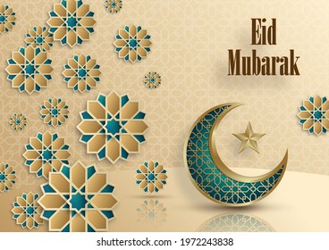 Eid Mubarak greetings on Islamic background with gold pattern on color background (transaltion : Eid Mubarak)