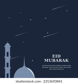 Eid mubarak Grüße Post Design. Das islamische Festival ist ein Wunschfest oder Grußkartendesign mit Sternen, Moschee Minarett, Himmel. Eid ul adha mubarak Vektorgrafik.