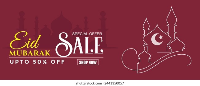 Eid Mubarak Greetings, Eid Sale Vector Banner Design. Eid special offer Up to 50% off. Vector Islamic design with mosque arch for Muslim annual EID festival. EPS