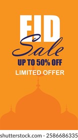 Eid Mubarak Greetings, Eid Sale Vector Banner Design. Eid special offer Up to 50% off. Limited Time Offer, Vector Islamic design with mosque arch for Muslim annual EID festival. EPS
