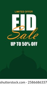 Eid Mubarak Greetings, Eid Sale Vector Banner Design. Eid special offer Up to 50% off. Limited Time Offer, Vector Islamic design with mosque arch for Muslim annual EID festival. EPS