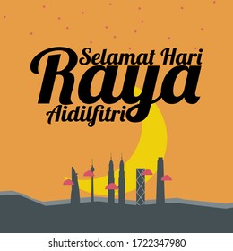 Eid Mubarak Greetings. Silhouette of Kuala Lumpur City. Sunset sky. Selamat Hari Raya is Eid Mubarak in Malay Language.