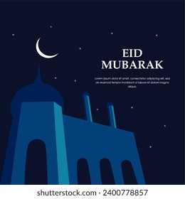 Eid mubarak greetings social media post design. Islamic festival eid wish or greeting background design with stars, crescent, mosque minaret, sky. Eid ul adha mubarak vector illustration.