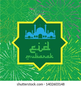 Eid Mubarak greetings vector with fireworks in green background