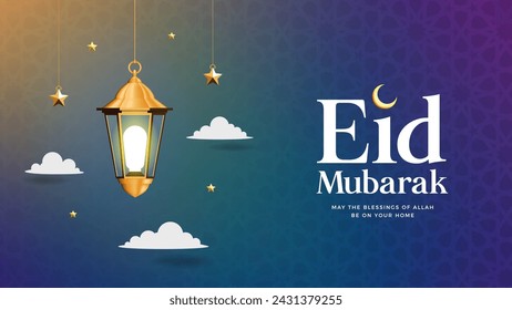 Eid Mubarak Greetings vector illustration with luxury design. Blue Purple and Yellow gradient Eid Mubarak background with star and moon. Islamic Lamp with white Eid mubarak design and Crescent Moon.