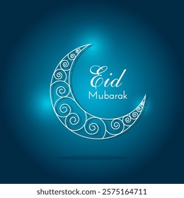 Eid Mubarak Greetings vector illustration banner design. Blue gradient Eid Mubarak background with star. White Islamic Crescent Moon