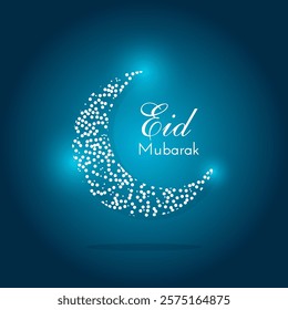 Eid Mubarak Greetings vector illustration banner design. Blue gradient Eid Mubarak background with star. White Islamic Crescent Moon